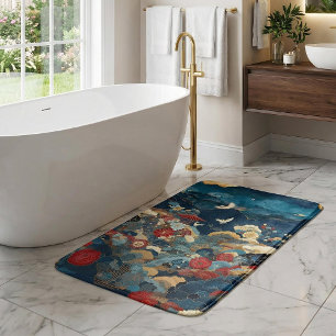 Elegant Blue Red Japanese Floral Crane Peony Bath Mat