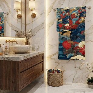 Elegant Blue Red Japanese Floral Crane Peony Bath Towel Set