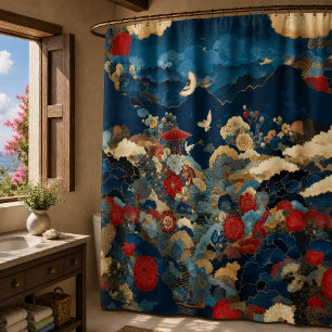 Elegant Blue Red Japanese Floral Crane Peony Shower Curtain