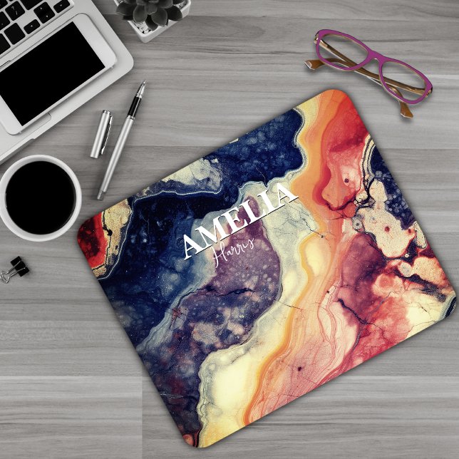 Elegant blue red marble art girly monogram  mouse mat (Creator Uploaded)