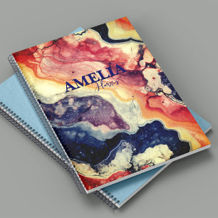 Elegant blue red marble art girly monogram  notebook
