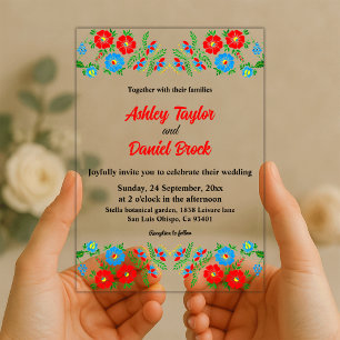 Elegant Blue Red Roses Botanical Floral Wedding Acrylic Invitations