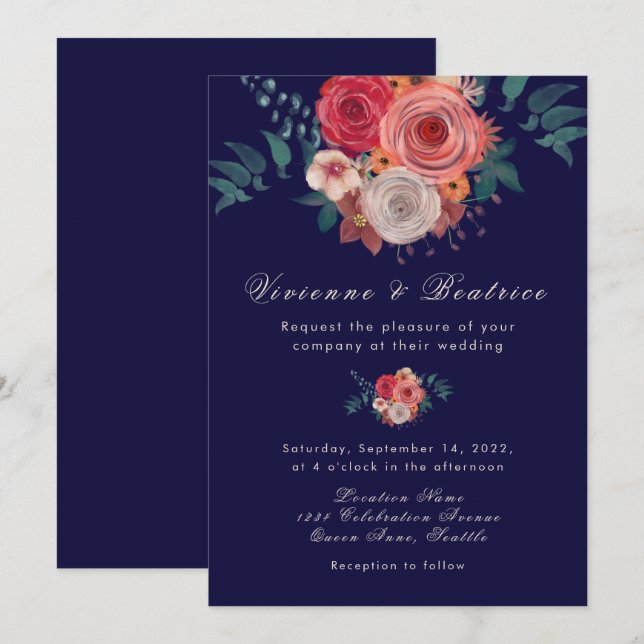 Elegant blue red roses wedding invitation (Front/Back)