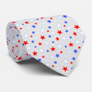 Elegant Blue Red White Stars on Light Silver Grey Tie