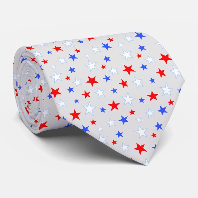 Elegant Blue Red White Stars on Light Silver Grey Tie (Rolled)