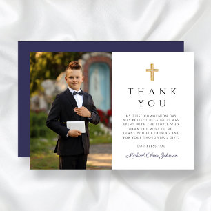 Elegant Blue Religious Boy First Communion Photo Thank You Card