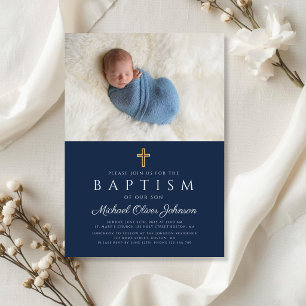 Elegant Blue Religious Cross Boy Baptism Photo Invitation