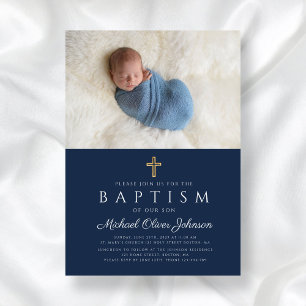 Elegant Blue Religious Cross Boy Baptism Photo Invitation