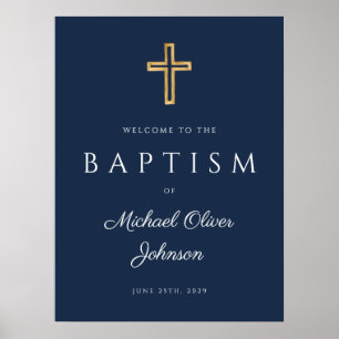 Elegant Blue Religious Cross Boy Baptism Welcome P Poster