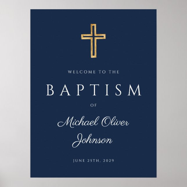 Elegant Blue Religious Cross Boy Baptism Welcome P Poster (Front)