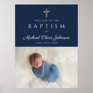 Elegant Blue Religious Cross Boy Baptism Welcome Poster