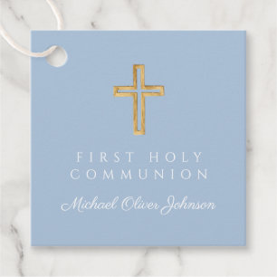 Elegant Blue Religious Cross Boy First Communion Favour Tags