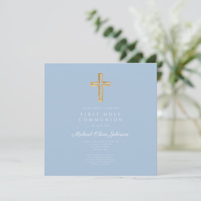 Elegant Blue Religious Cross Boy First Communion Invitation (Standing Front)
