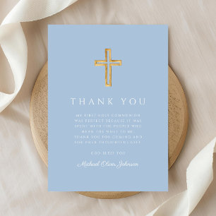 Elegant Blue Religious Cross First Communion Thank You Card