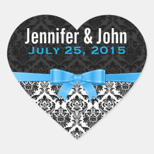 Elegant Blue Ribbon Black & White Damasks 2 Heart Sticker