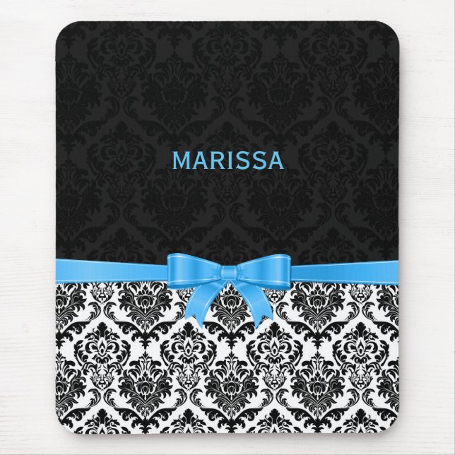 Elegant Blue Ribbon Black & White Damasks 2 Mouse Mat (Front)