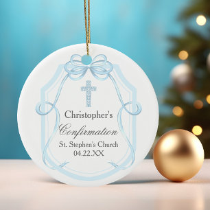Elegant Blue Ribbon Bow Confirmation Gift Ceramic Tree Decoration