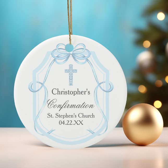Elegant Blue Ribbon Bow Confirmation Gift Ceramic Tree Decoration (Creator Uploaded)