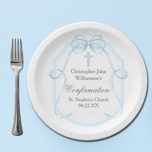 Elegant Blue Ribbon Bow Confirmation Party Paper Plate (Creator Uploaded)