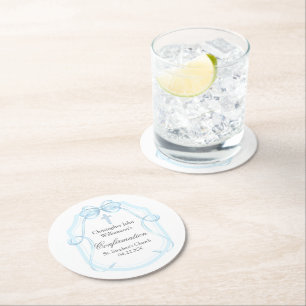 Elegant Blue Ribbon Bow Confirmation Party Round Paper Coaster