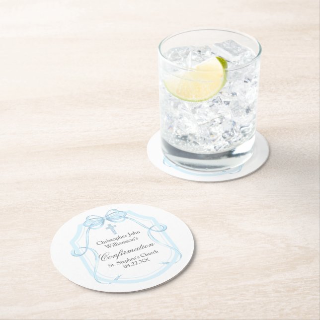 Elegant Blue Ribbon Bow Confirmation Party Round Paper Coaster (Insitu)