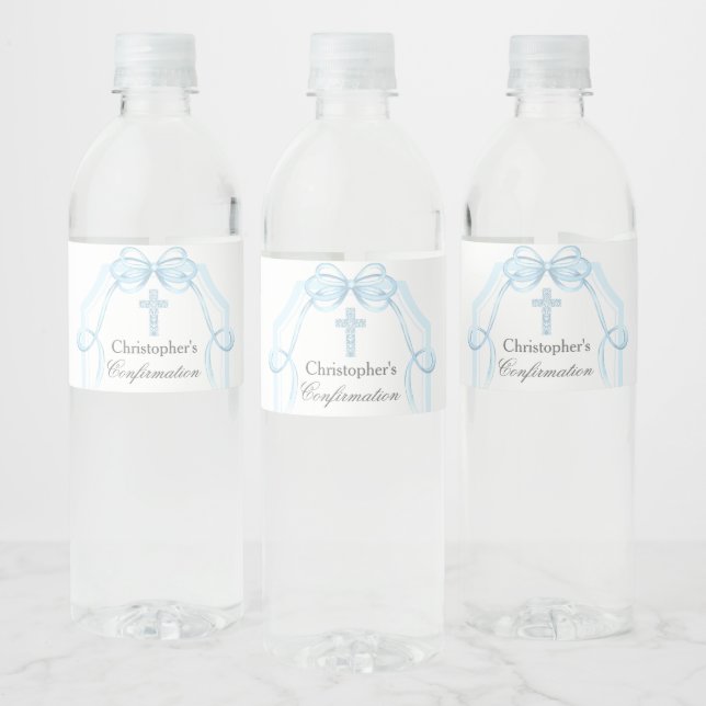 Elegant Blue Ribbon Bow Confirmation Party Water Bottle Label (Bottles)