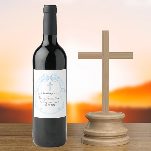 Elegant Blue Ribbon Bow Confirmation Party Wine Label (Creator Uploaded)