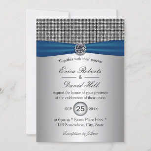 Elegant Blue Ribbon Modern Silver Glitter Wedding Invitation
