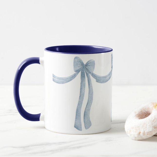 Elegant Blue Ribbon Satin Look Pretty Girly Mug (With Donut)