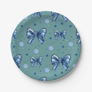 Elegant Blue Ribbons and Bubbles Seamless. Baby  Paper Plate