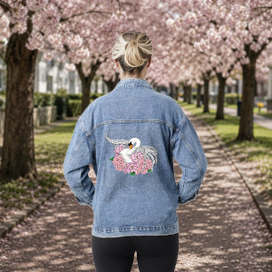 Elegant Blue Romantic Swan Peony Floral  Denim Jacket
