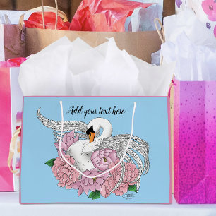 Elegant Blue Romantic Swan Peony Floral  Large Gift Bag