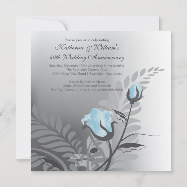 Elegant Blue Rose Anniversary Invitation (Front)