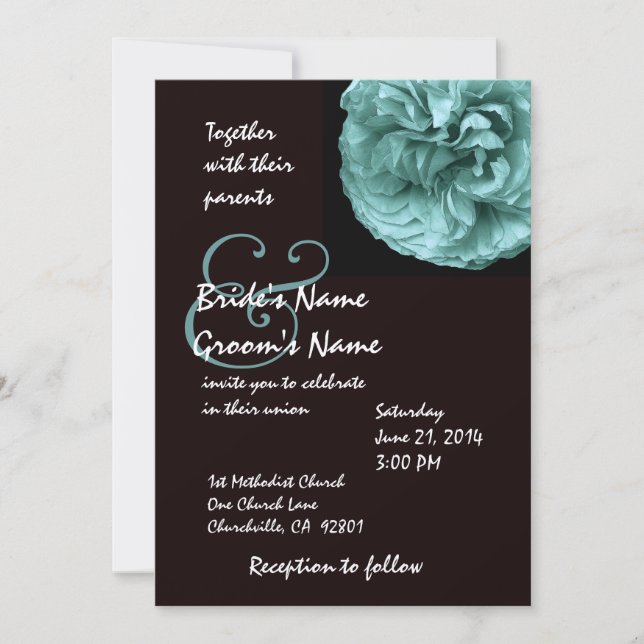 Elegant BLUE Rose Black & White Wedding Invitation (Front)