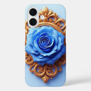 Elegant Blue Rose Displayed in Ornate Gold Frame iPhone 16 Case