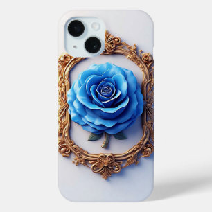 Elegant Blue Rose Displayed in Ornate Gold Frame iPhone 15 Case