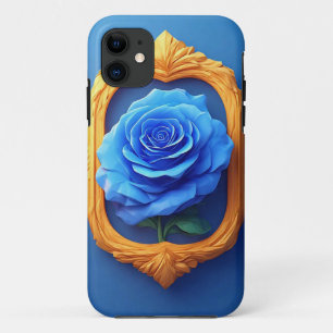 Elegant Blue Rose Displayed in Ornate Gold Frame iPhone 11 Case