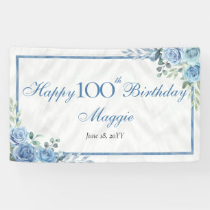 Elegant Blue Rose Floral 100th Birthday Party Banner
