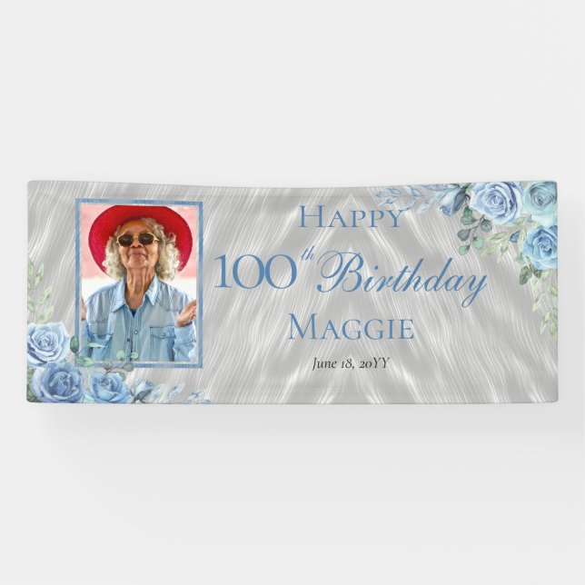 Elegant Blue Rose Floral 100th Birthday Party Banner (Horizontal)