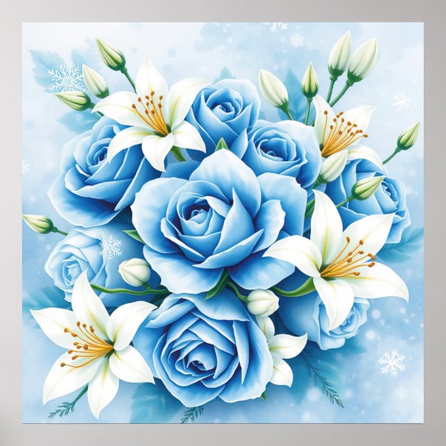 Elegant Blue Rose Floral Art Print (Front)