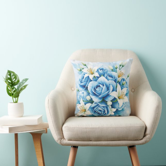 Elegant Blue Rose Floral Art Print Cushion (Chair)