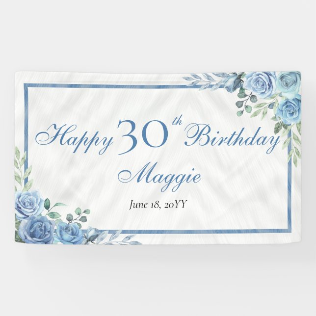 Elegant Blue Rose Floral Frame 30th Birthday Party Banner (Horizontal)