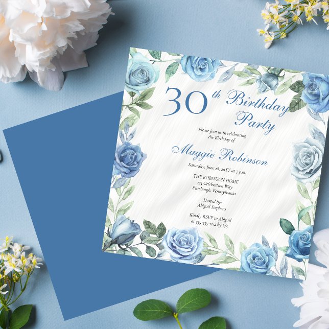 Elegant Blue Rose Floral Frame 30th Birthday Party Invitation (Elegant Blue Floral Frame 30th Birthday Party Invitation - Available in Print and/or Download)