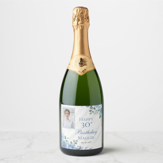 Elegant Blue Rose Floral Frame 30th Birthday Party Sparkling Wine Label (Front)