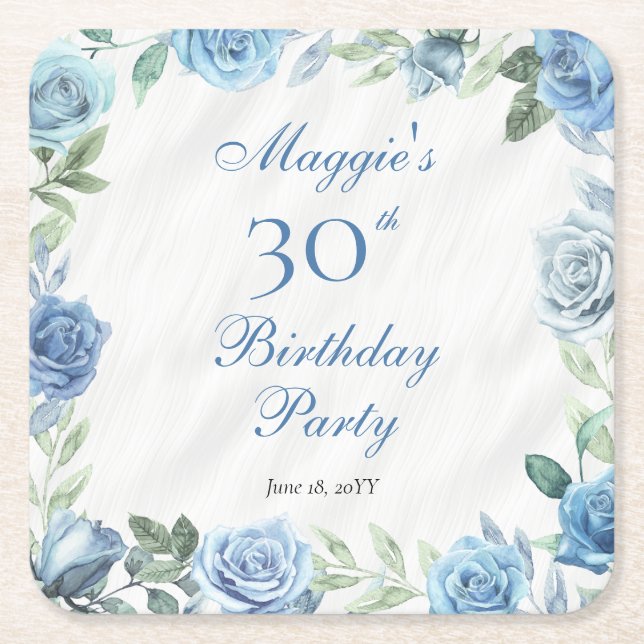 Elegant Blue Rose Floral Frame 30th Birthday Party Square Paper Coaster (Front)