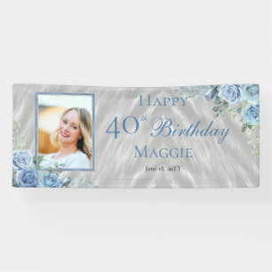 Elegant Blue Rose Floral Frame 40th Birthday Party Banner