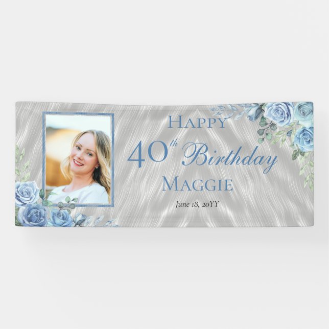 Elegant Blue Rose Floral Frame 40th Birthday Party Banner (Horizontal)