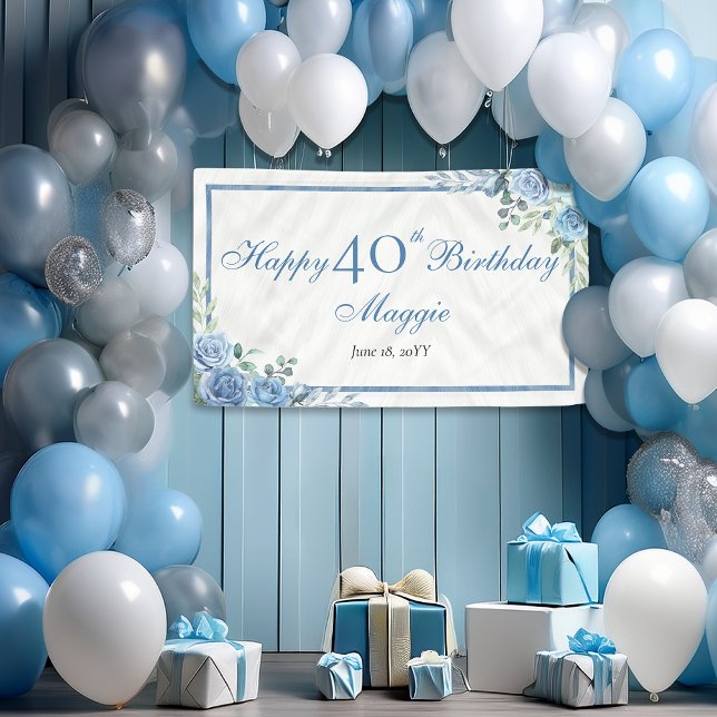 Elegant Blue Rose Floral Frame 40th Birthday Party Banner (Elegant Blue Rose Floral Frame 40th Birthday Party Horizontal Banner)