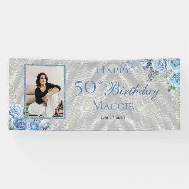 Elegant Blue Rose Floral Frame 50th Birthday Party Banner (Horizontal)