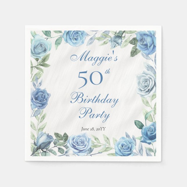 Elegant Blue Rose Floral Frame 50th Birthday Party Napkin (Front)